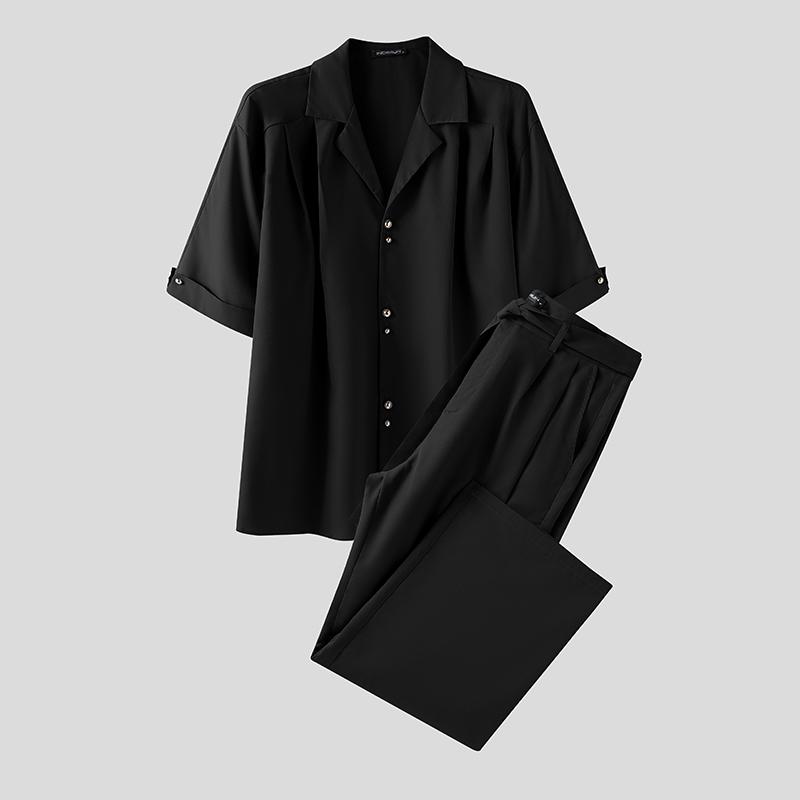 INCERUN Комплекты из двух предметов для мужчин с лацканами, с коротким рукавом, в полоску, рубашка, длинные брюки