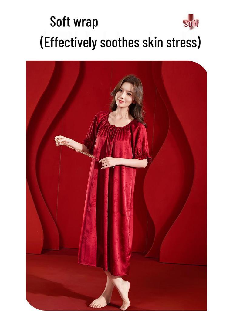 Predestined Match: Bamboo Leaf Jacquard Ice Silk Pajama Set In Festive Red - Autumn/Winter Collection