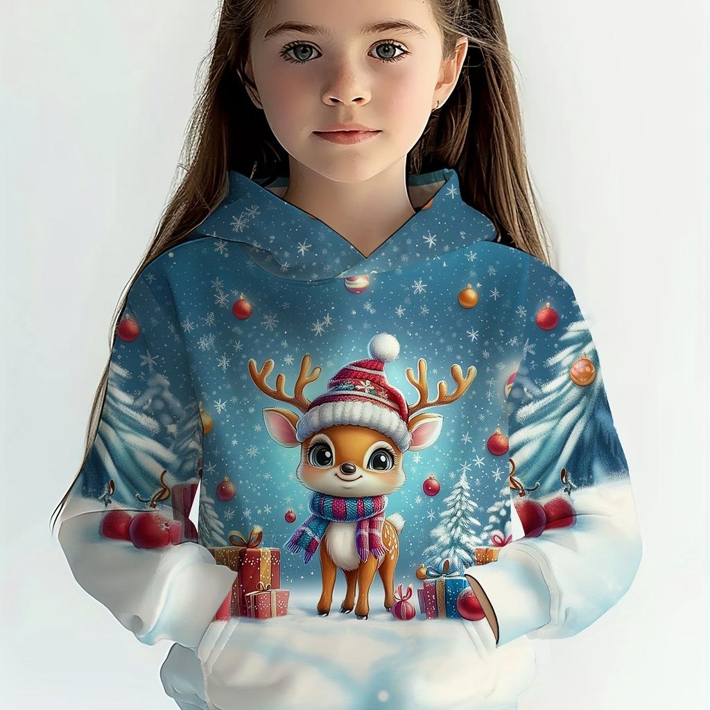 Детская одежда Толстовки с капюшоном для девочек с длинным рукавом 3D-мультяшный рождественский принт Детская весенне-осенняя одежда Повседневная милая уличная одежда для девочек