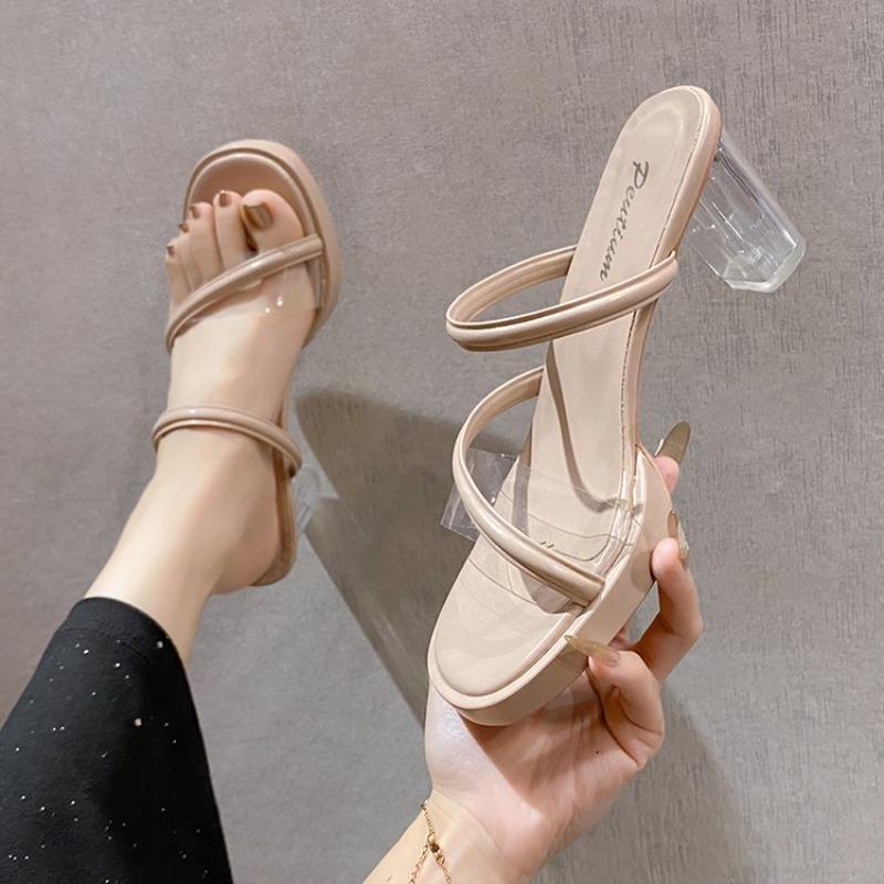 Fashion Transparent Slippers Summer Women's Shoes Square Heel Heeled Mules Luxury Slides Pantofle Jelly Flip Flops Block