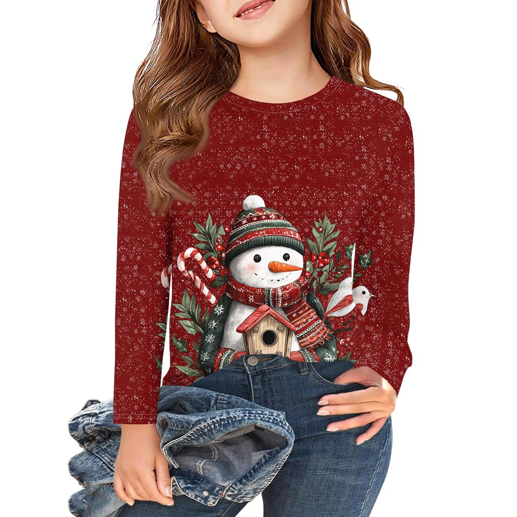 Рождественские футболки с длинным рукавом для девочек, детские осенние топы с круглым вырезом и принтом, базовые футболки