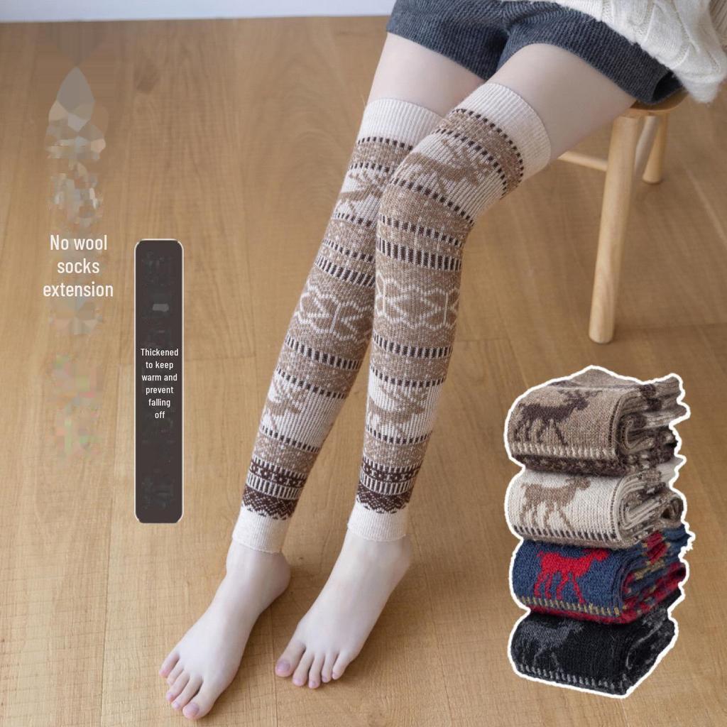 Женские теплые носки выше колена из кроличьей шерсти с рождественским оленем - Толстые леггинсы осень/зима