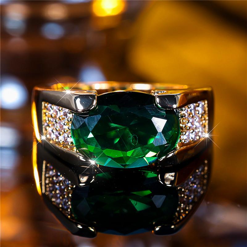 Мужское Женское Кольцо с Камнем Зеленый Циркон Модное Цвет Желтого Золота Обручальное Милое Свадебное Украшение Подарок для Женщин Мужчин