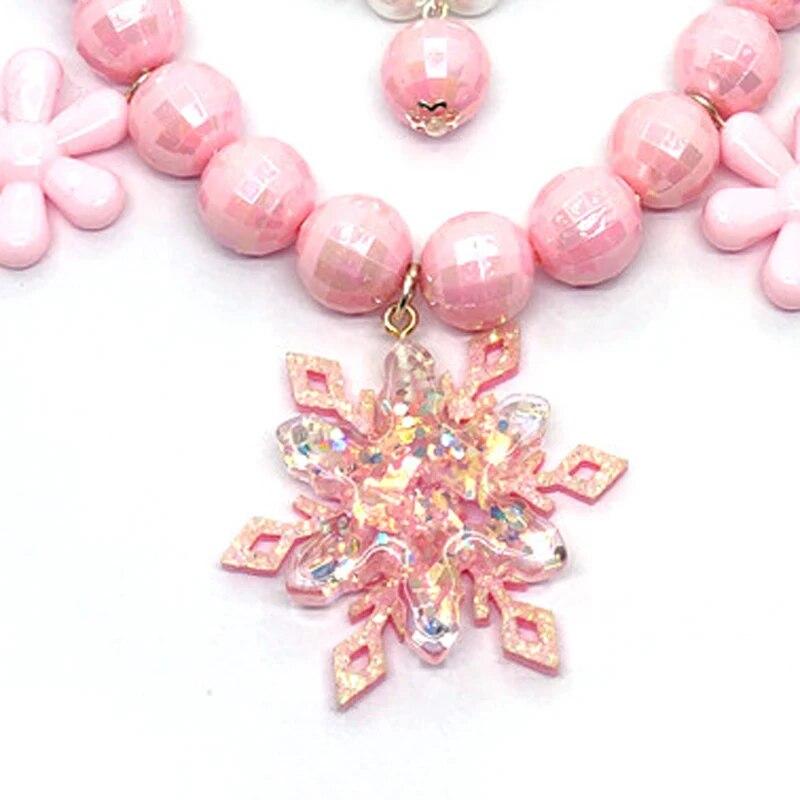 Комплект ожерелья с подвеской в ​​виде снежинки для маленьких девочек, детские регулируемые милые серьги, кольца, ювелирные изделия
