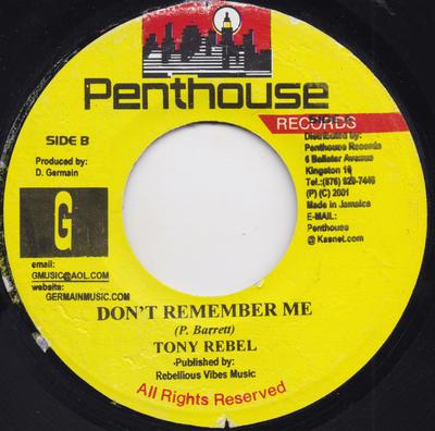 7-дюймовая пластинка TONY REBEL Dont Remember Me NONE Penthouse Recor 2001 Ямайка Регги Ска Даб Б/у