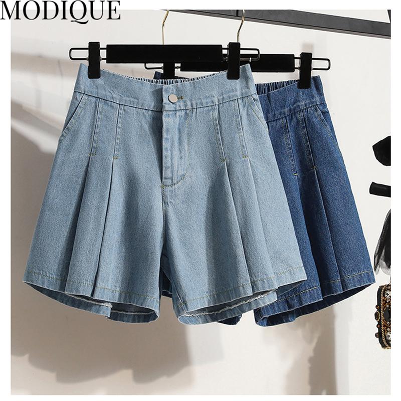 MODIQUE Women's Denim Shorts Summer Plus Size New Loose Casual Solid Color A-Line Denim Short Pant Female High Waisted Hotsweet Wide Leg Pants