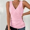 Sleeveless Summer Neck V Women Pullover Solid Color Hollow Out Breathable Button Pleated Vest Top