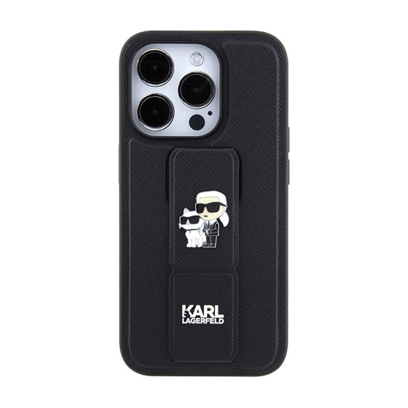 Karl Lagerfeld Gripstand Saffiano Karl & Choupette Pins - Etui Iphone 15 Pro (Czarny)