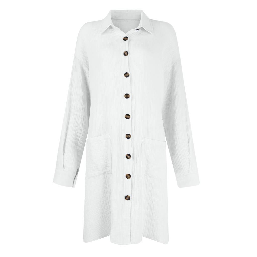 Новое женское модное повседневное однотонное свободное платье средней длины с длинным рукавом на пуговицах