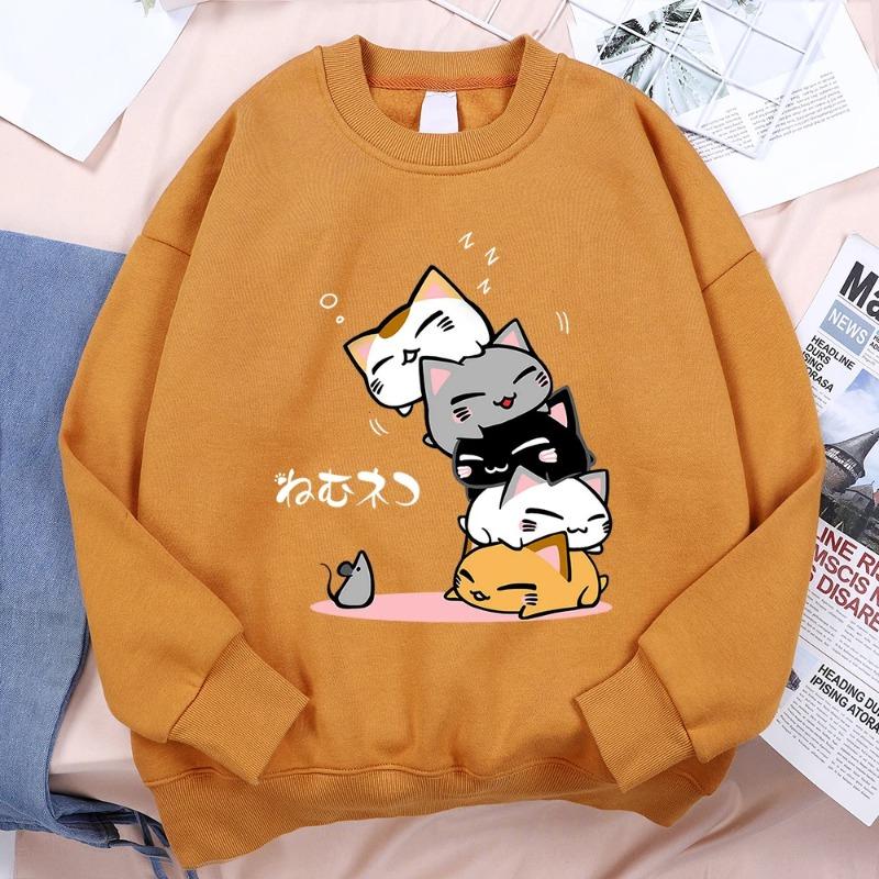 Stacked Cats Sleeping Don't See Mouse Мужская одежда Аниме-пуловеры с капюшоном Свободная флисовая толстовка Повседневная уличная одежда с круглым вырезом Пуловеры и длинные рукава мужские