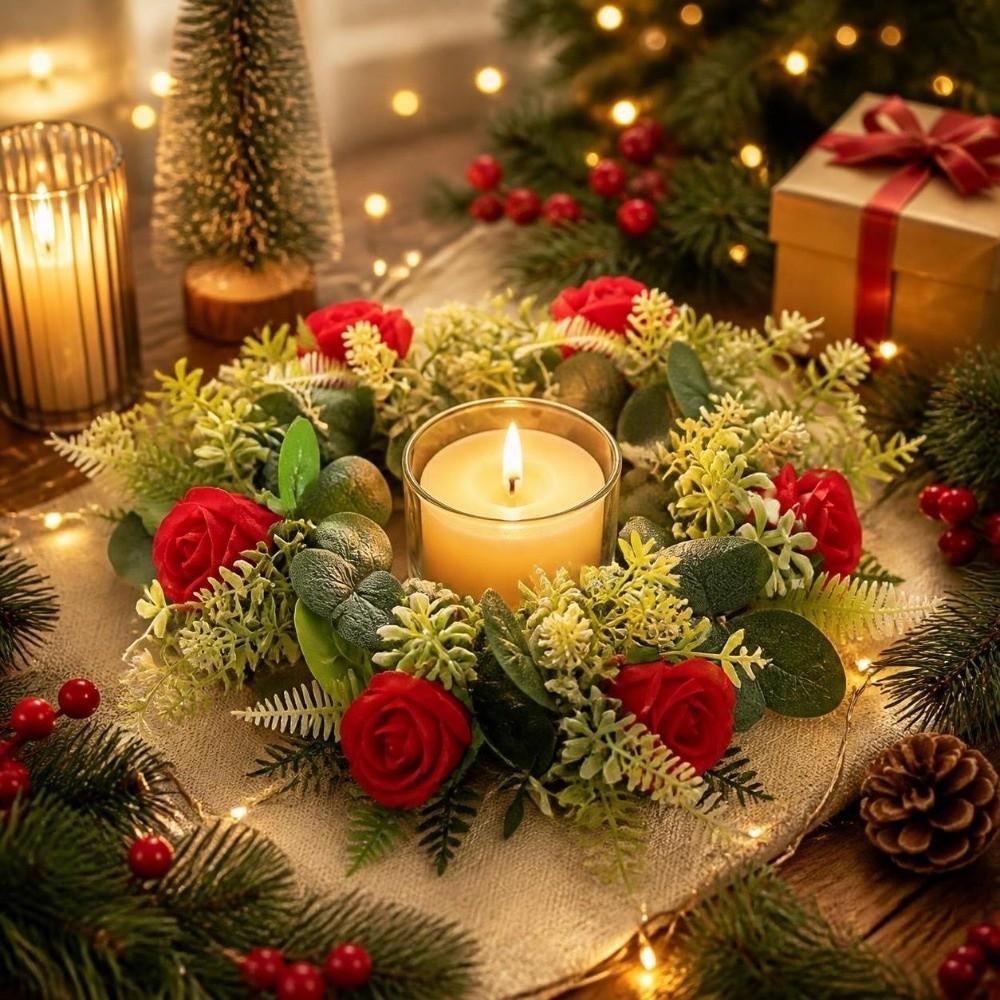 Rose Pillar Candle Holder Artificial Green Leaves Christmas Candle Rings Party