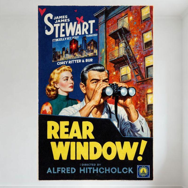 Vintage Rear Window Movie Poster Metal Tin Sign, Alfred Hitchcock Film James Stewart, Retro Wall Decor for Home Bar Man Cave Caf