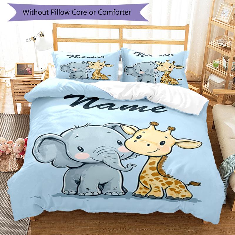 3pcs Custom Name Elephant giraffe Bedding Set Duvet Cover Closure Includes 1 Duvet Cover & 2 Pillowcases, Soft and Comfortable for All Seasons.