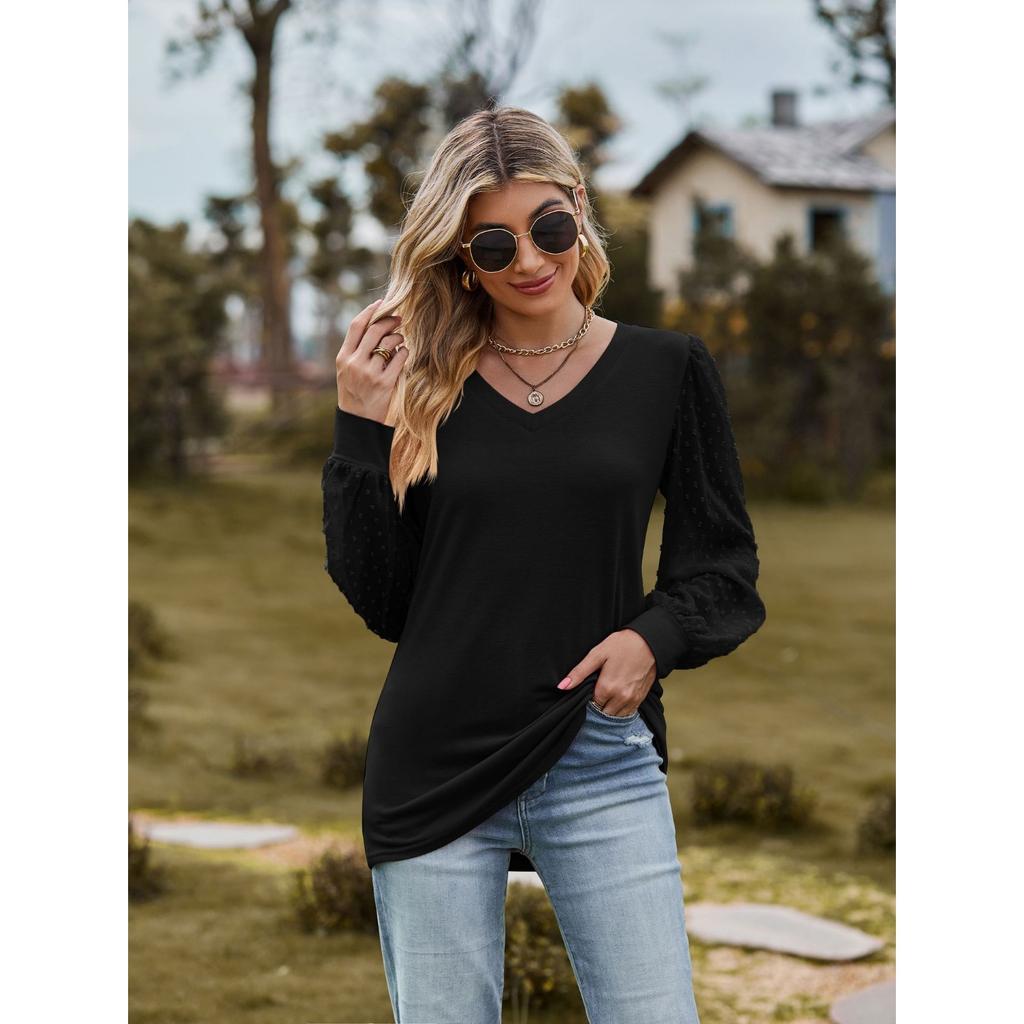 GMXIA Autumn Women's Long Sleeve T-shirt Solid Color V-neck Simple Gauze Bubble