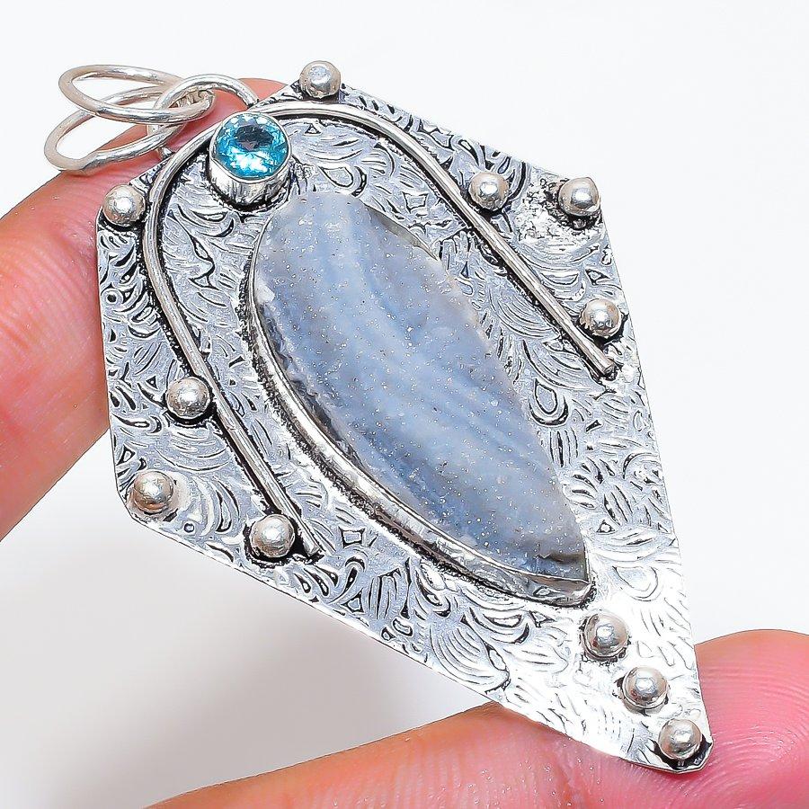 Natural Desert Rose Druzy, Topaz 925 Sterling Silver Jewelry Pendant 2.88" ZS-814