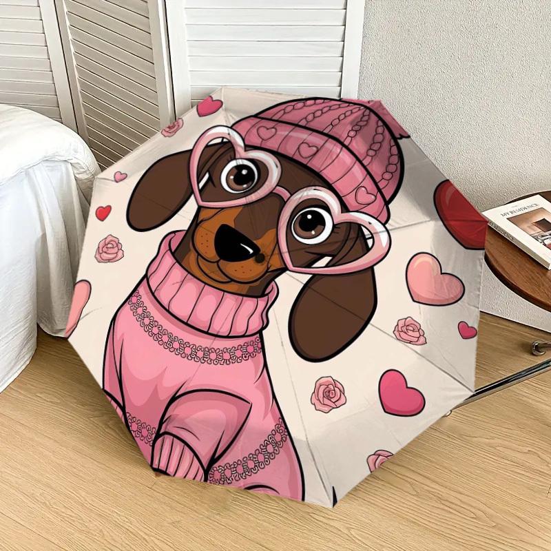 1pc Dachshund Valentine's Day Heart Glasses Umbrella with Plastic Handle,Suitable for All Seasons Home Travel Outdoor UmbrellaDD325
