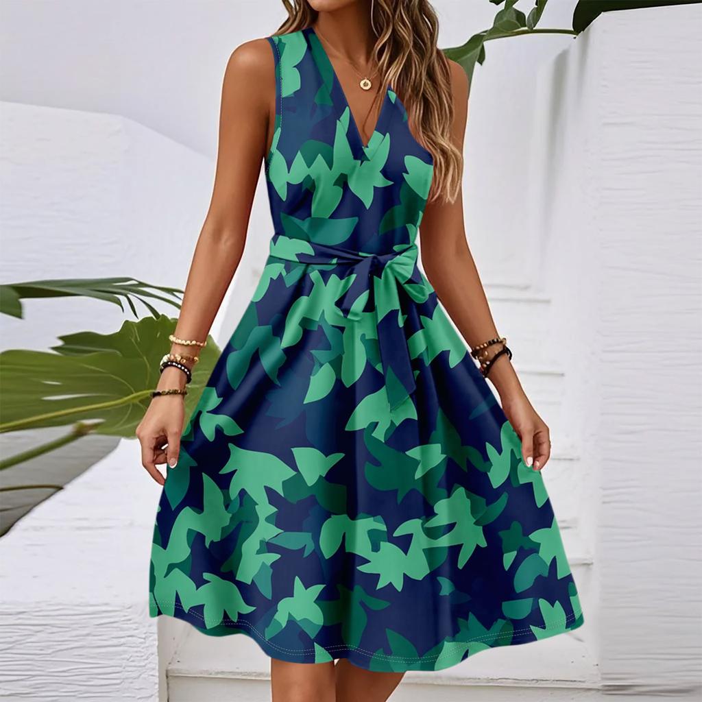Women's Spring And Summer Casual V-Neck Sleeveless Waist Floral Print Midi Dress