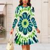 Women Plus Size Long Sleeve Round Neck Shamrock Printed Dark Green A Line Dress Gathered Waist Flared Hem