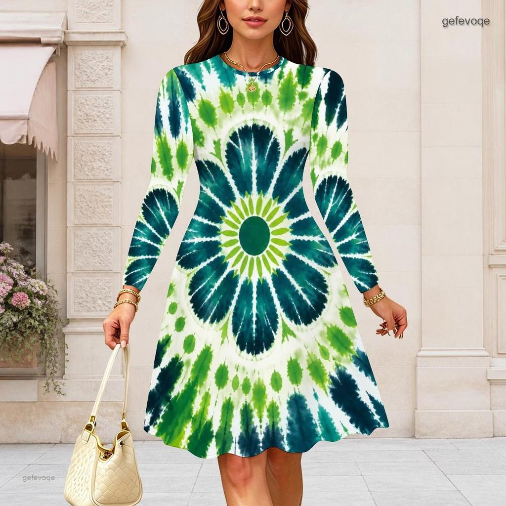 Women Plus Size Long Sleeve Round Neck Shamrock Printed Dark Green A Line Dress Gathered Waist Flared Hem