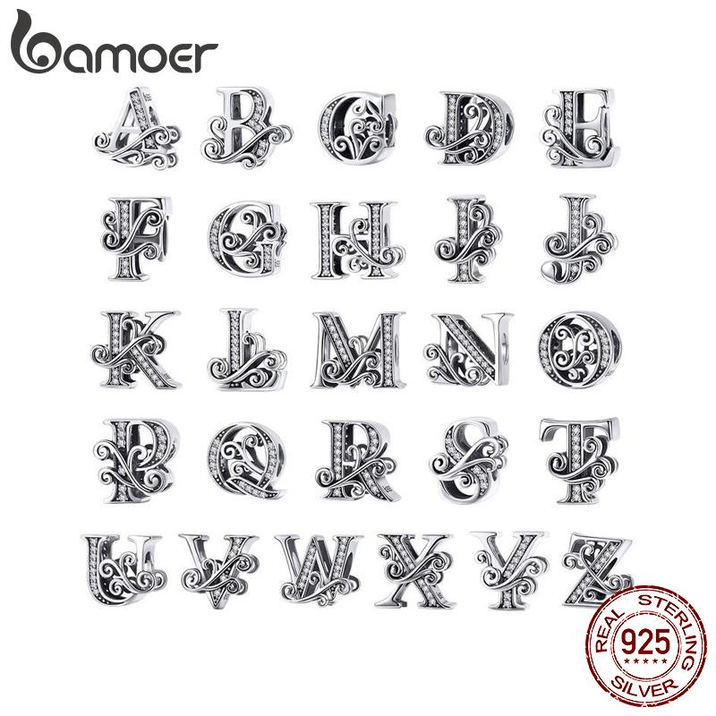 BAMOER Классический 925 Серебро Буквы Винтажные A-Z 26 Букв Шармы Ажурные Кубический Цирконий Алфавитные Бусины Подходят для Браслета-Шарма BSC030
