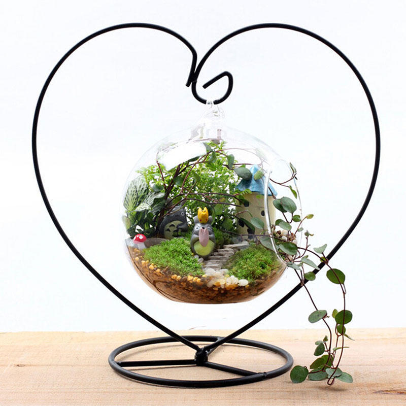 Black Heart-Shaped Iron Hanging Plant Glass Vase Terrarium Stand Holder
