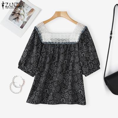 Женская летняя блузка с кружевной вставкой, квадратным вырезом, коротким рукавом и принтом
