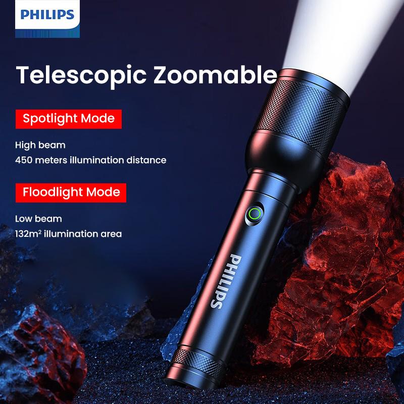 Philips Flashlight SFL6168 High Lumens Type-C Rechargeable Waterproof Zoom Adjustable Focus Portable Handheld Torch for Camping Outdoor Emergency