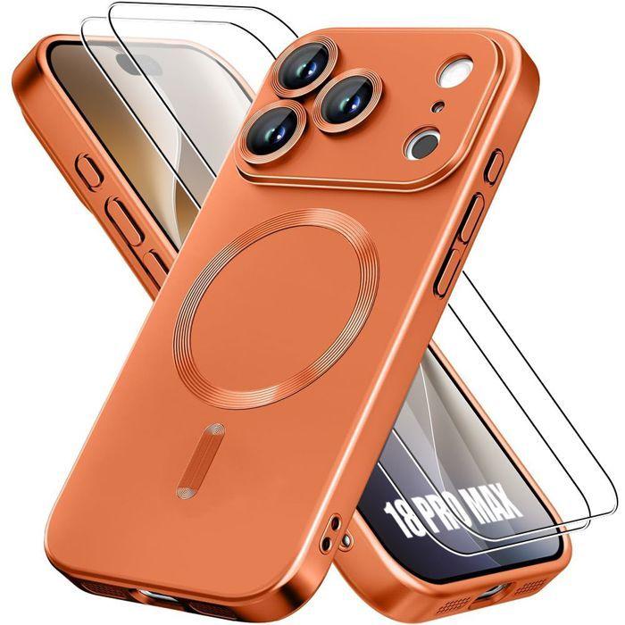 Coque pour iPhone 18 Pro Max, Silicone Anti-Rayure avec Cercle Magnétique Orange - 2 Verres Trempés