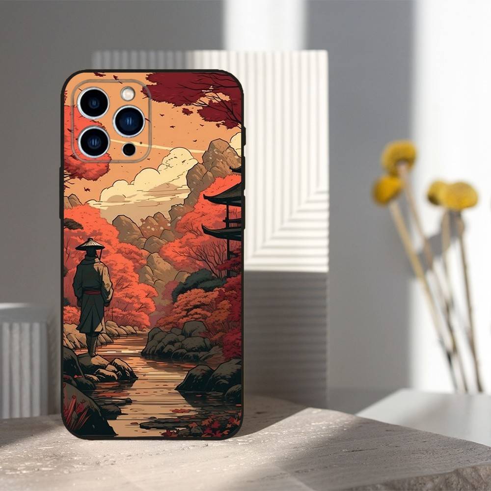 Чехол в японском стиле для iPhone 11, 12, 15, 14, 13, 16, 17, Plus, Pro Max, XS, X, XR, SE, Mini, 8, 7, Мягкий силикон, Черный