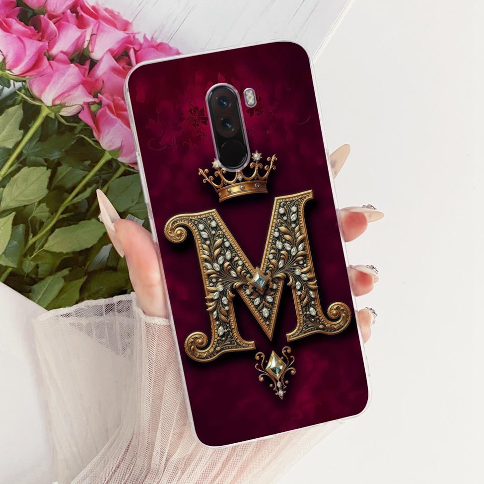 For Xiaomi Pocophone F1 Case Cover Transparent Luxury Crown A-Z Letters 2D Flat Pattern Soft Phone Case For Poco F1 M1805E10A