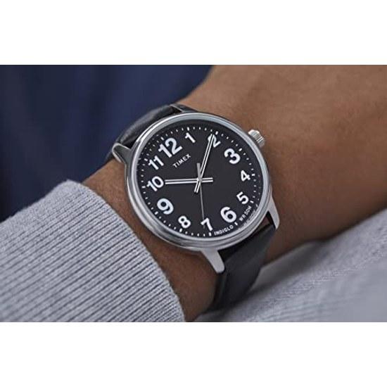 Мужские часы Timex Easy Reader Date, полноразмерные, с кожаным ремешком, черного цвета с серебристым тоном, 43 мм.