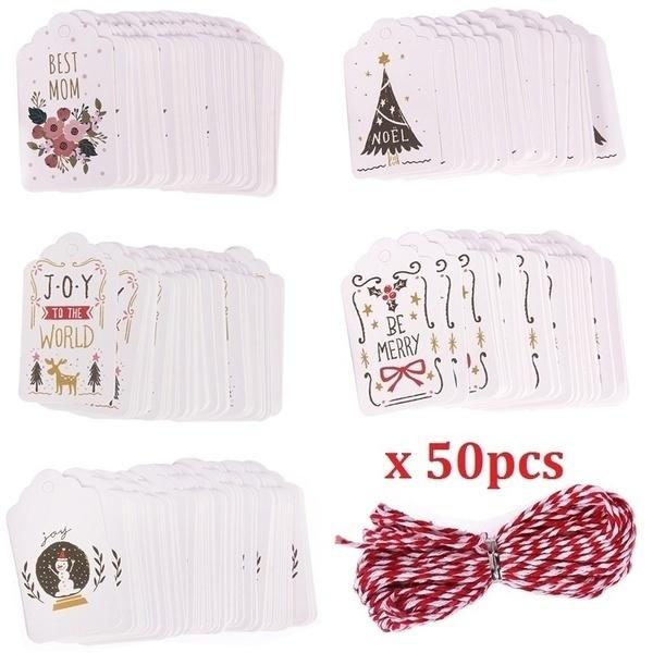 50 шт. Веселого Рождества, белая бумажная бирка с хлопковой нитью, перчатка Санта-Клауса, рождественский декор