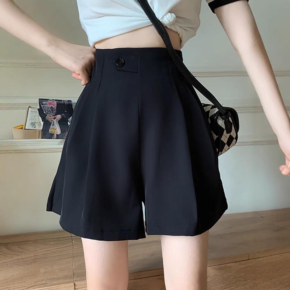 Женские шорты-костюм с высокой талией и широкими штанинами черного цвета на осень/зиму 2024 года - Стройнящие, Модные, Повседневные