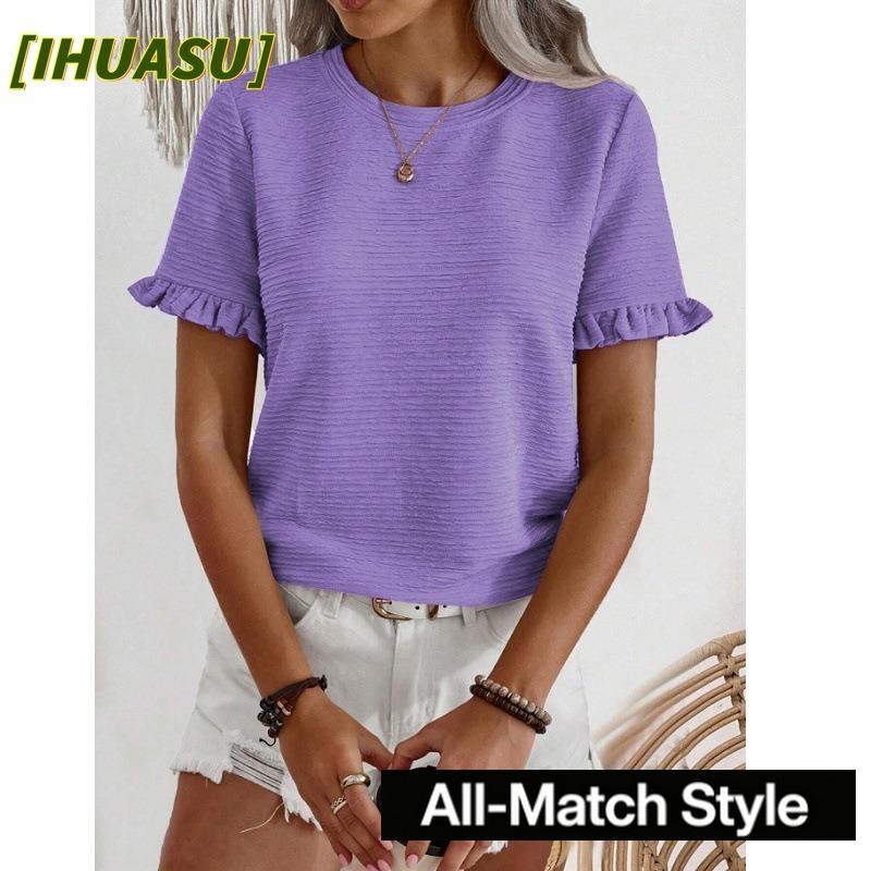 IHUASU Women's Fashion Casual Short Sleeve O-Neck Blouses & Shirts