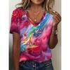 Fashionable Youth Women's Holiday V-Neck Tie-Dye Pattern Printed T-Shirt, Casual Short Sleeve Summer Loose Top