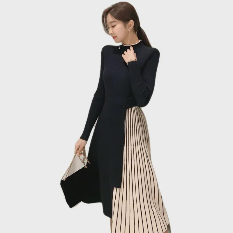 2023 Осень/Зима Женское Платье-свитер в Корейском Стиле с Кружевной Талией