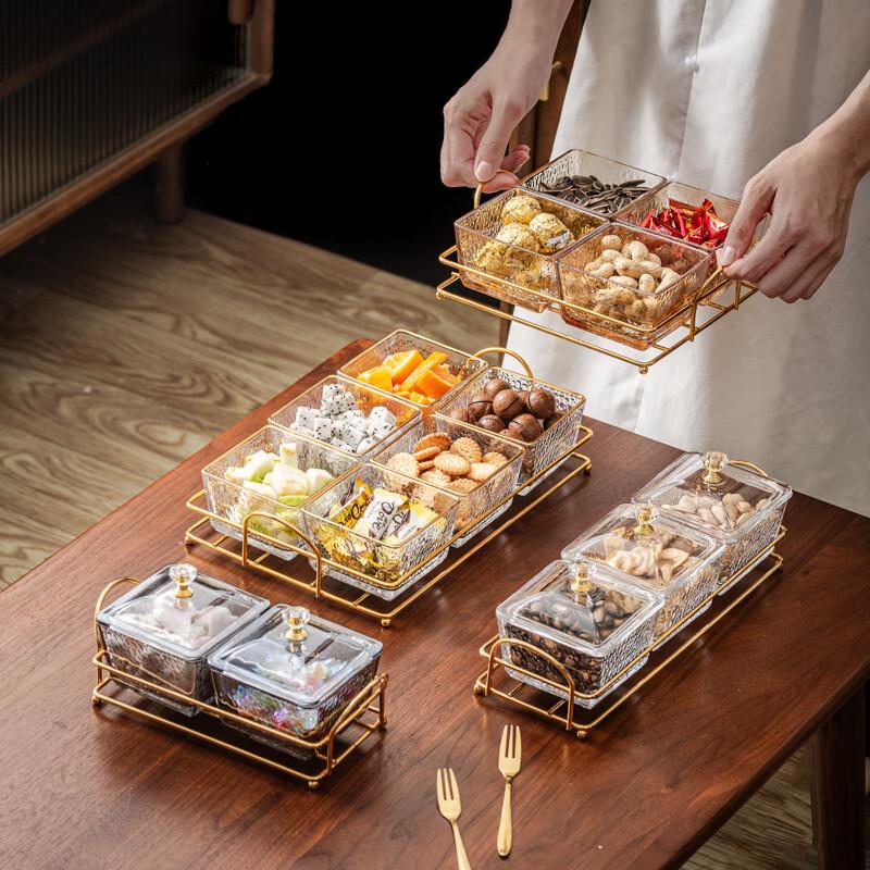 Hammered Glass Divided Serving Platter with Gold Stand and Lid