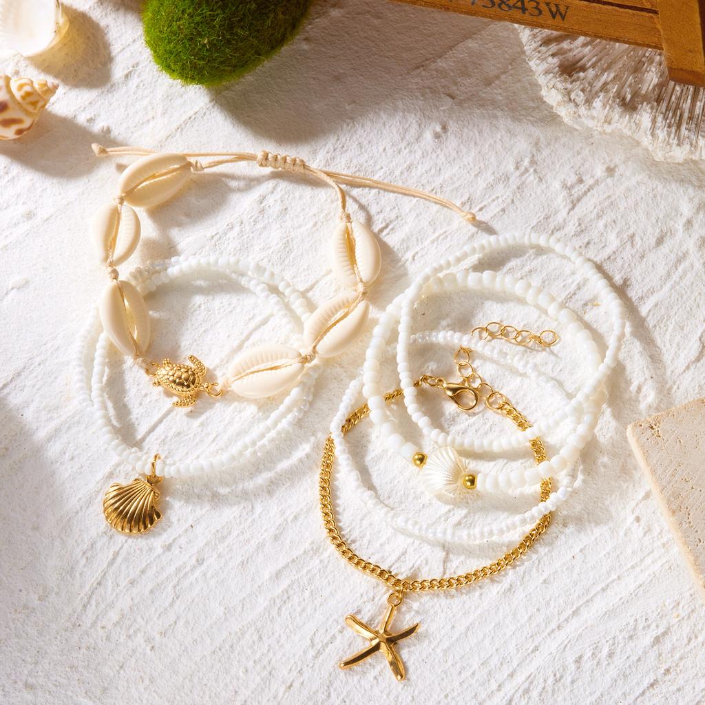Classic Metal Starfish Shell Multilayer Bracelets Set for Women Handmade Rice Beaded Stackable Bracelets Vacation Jewelry Gift
