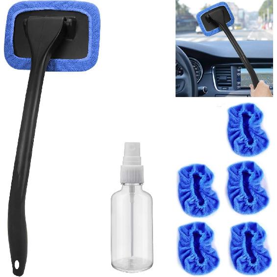desin Car Windshield Cleaning Tool, Windshield Cleaner with 5 Washable and Reusable Microfiber Pads and Extendable Handle, for Auto Glass Wiper