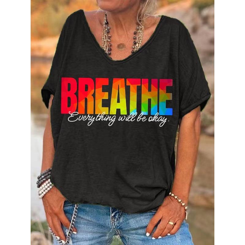Ilstile Женские дышащие футболки с принтом букв Летние с коротким рукавом Повседневные свободные топы с V-образным вырезом Черные Синие НОВИНКА