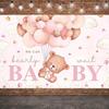 2D We Can Bearly Wait Baby Shower Backdrop Pink Bear and Balloons Photography Background