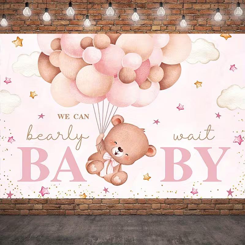 2D We Can Bearly Wait Baby Shower Backdrop Pink Bear and Balloons Photography Background
