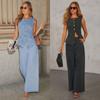 European-American Fashion Sleeveless Vest & Wide-Leg Jeans Denim Set