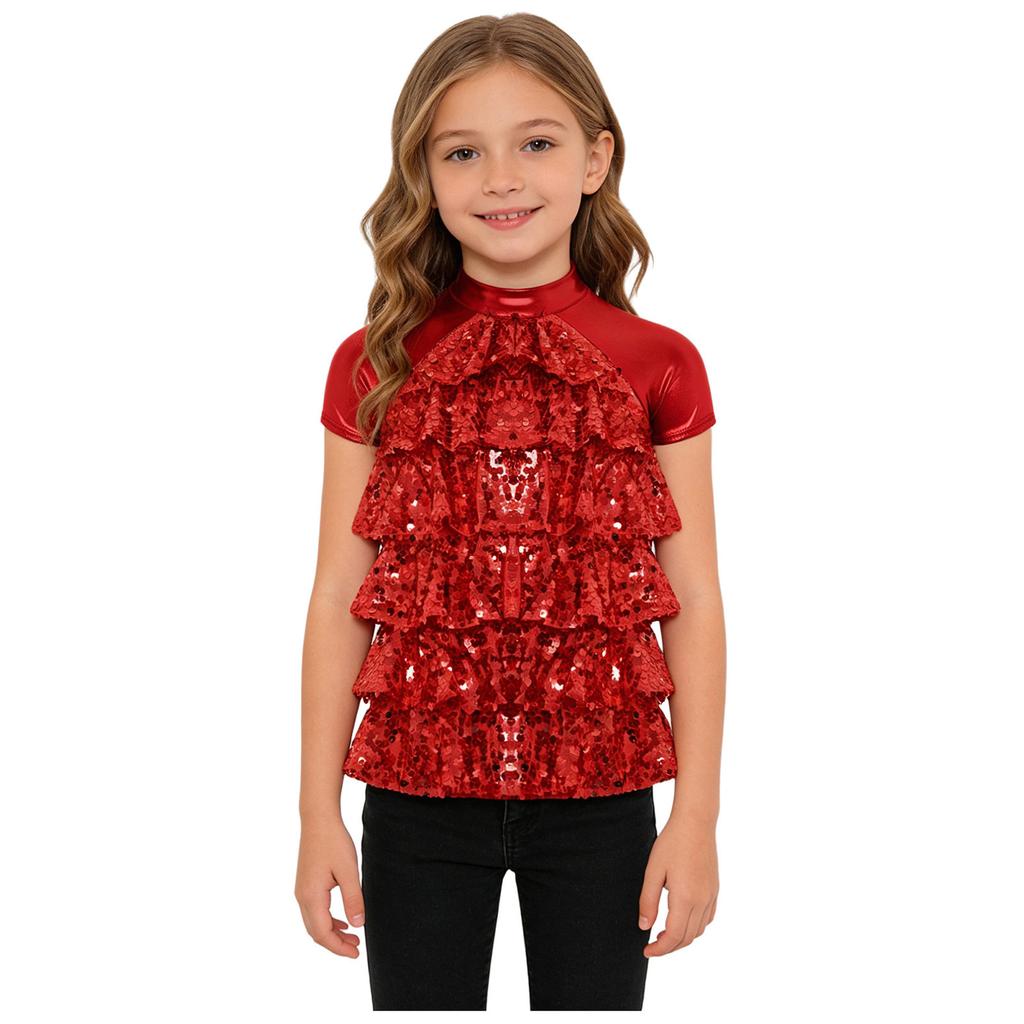Children’s Sequined Dance Top Mock Neck Short Sleeve Metallic Shiny Mesh Tiered Front Back Cut Out for Competition Stage Wear