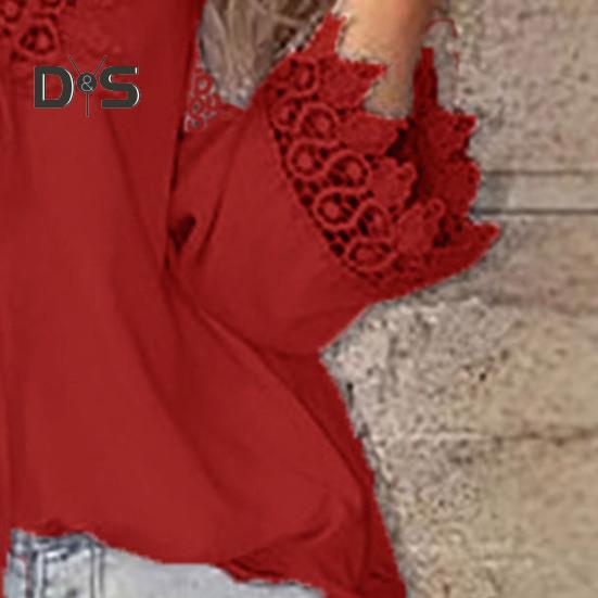 Женские топы с V-образным вырезом, вышивкой, кружевной отделкой, на шнуровке, с длинным рукавом, однотонные, свободные, повседневные, рубашка