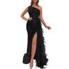 Women Evening Dress One Shoulder Sleeveless Shiny Sequin Padded Feather Decor High