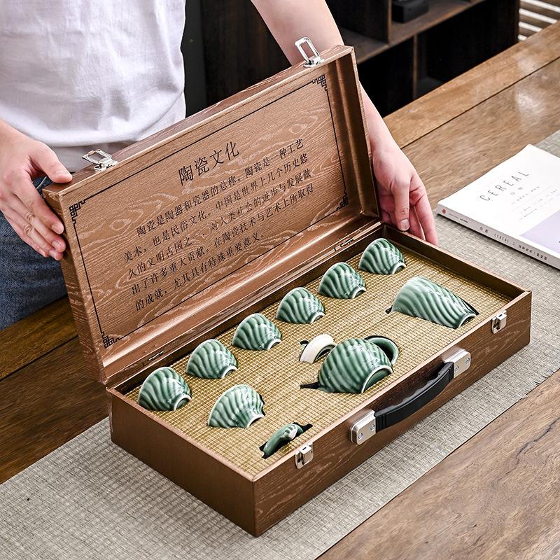 Celadon Kung Fu Teapot Tea Set Large Set High-end Imitation Wood Grain Gift Box Practical Personal Birthday Gift Business