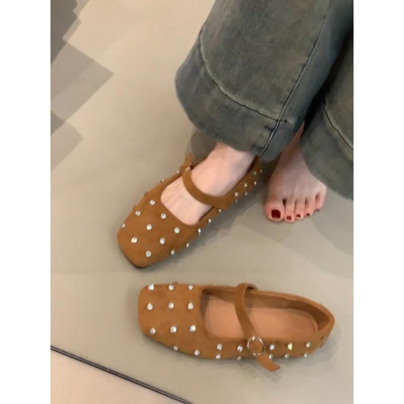 Retro Rhinestone Flat Bottom Shallow Mouth Single Shoes with Buckle Square Head Matte Suede Soft Sole Mary Jane Shoes