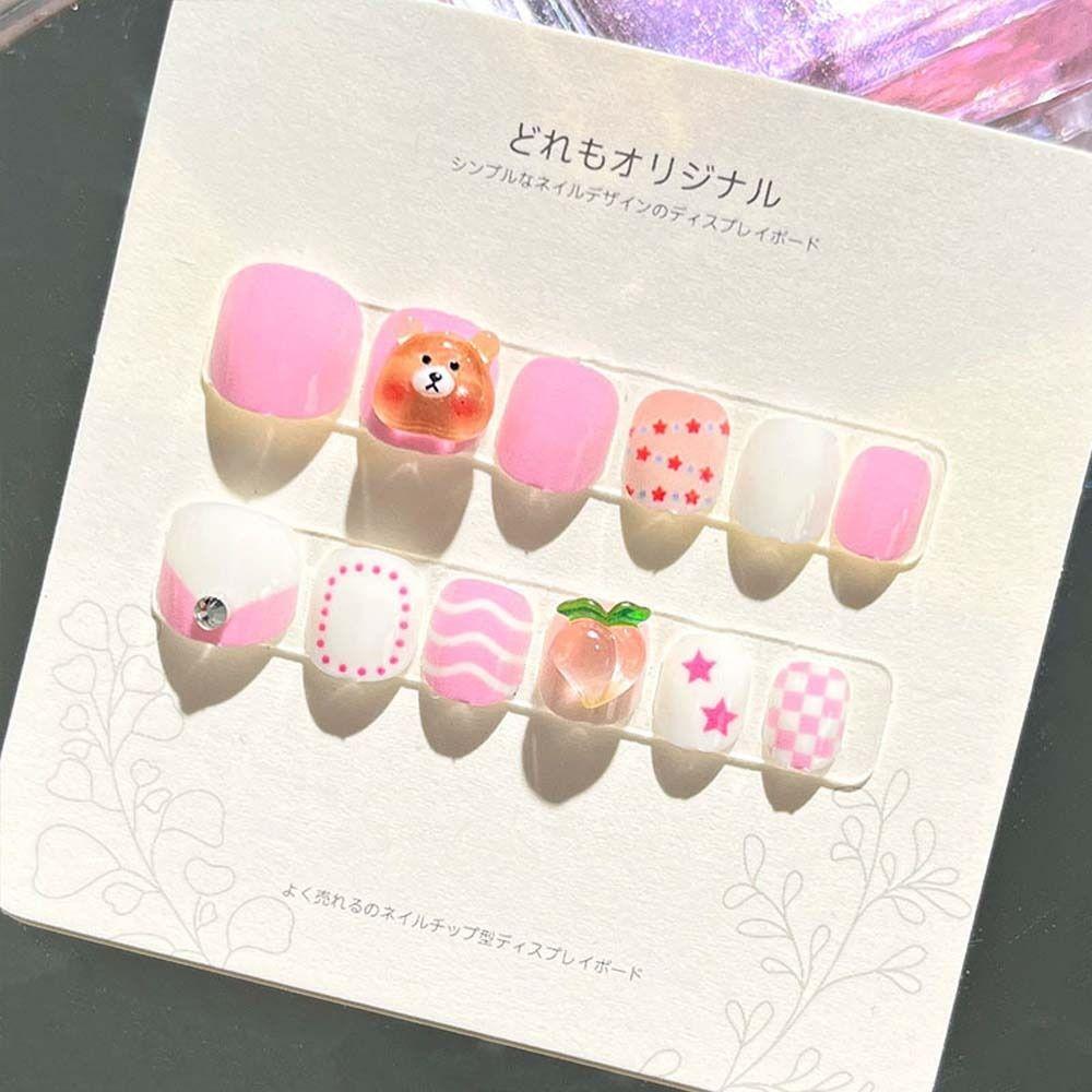 Flower Kids Cartoon Fake Nails Bears Cartoon Nail Accessories Children False Nails Kids Toys