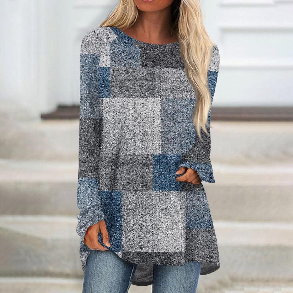 Womens Tops Round Neck Long Sleeve Blouses Casual Mid-length Shirts Fashion Print Tunic Tops